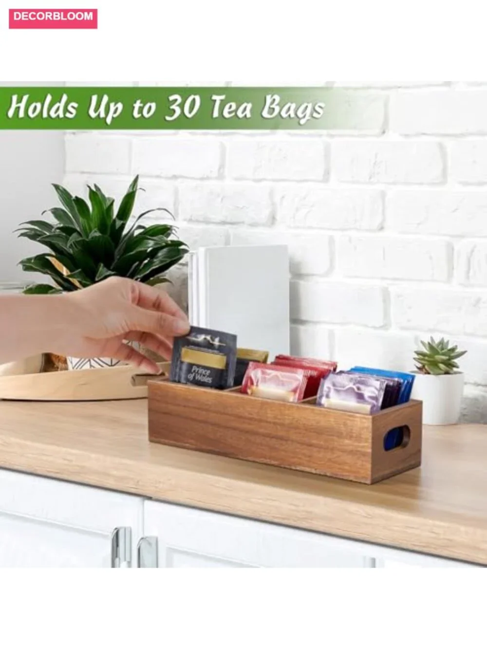 Acacia Wood Tea Bag Organizer with 3 Slots and Handles